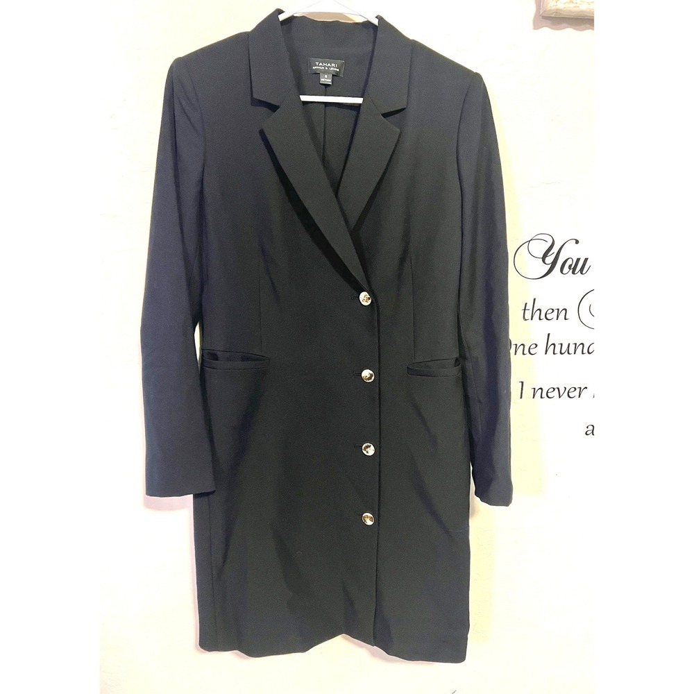 Tahari Arthur S Levine Black Blazer Dress Gold Buttons Double Breasted Luxury8